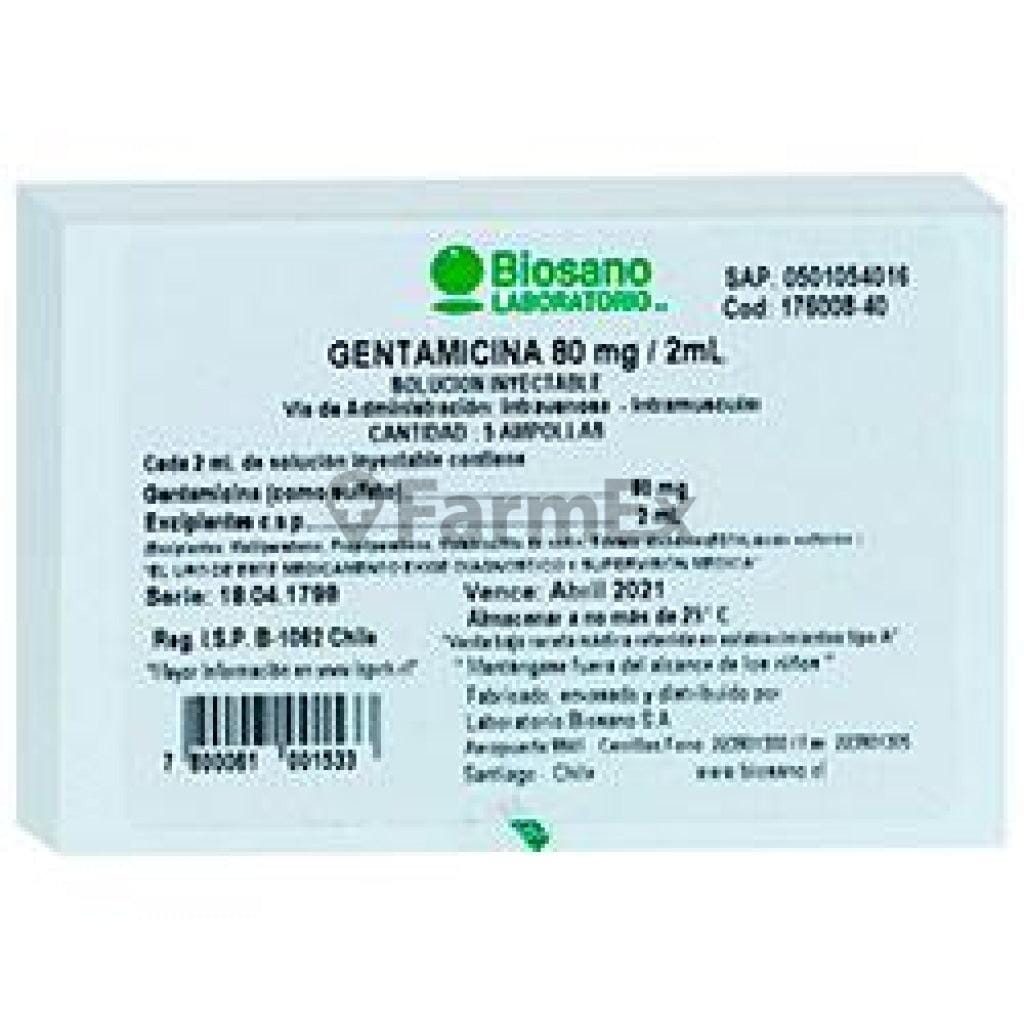 Gentamicina 80 mg / 2 mL x 5 ampollas Farmex-Fonasa-Persistente